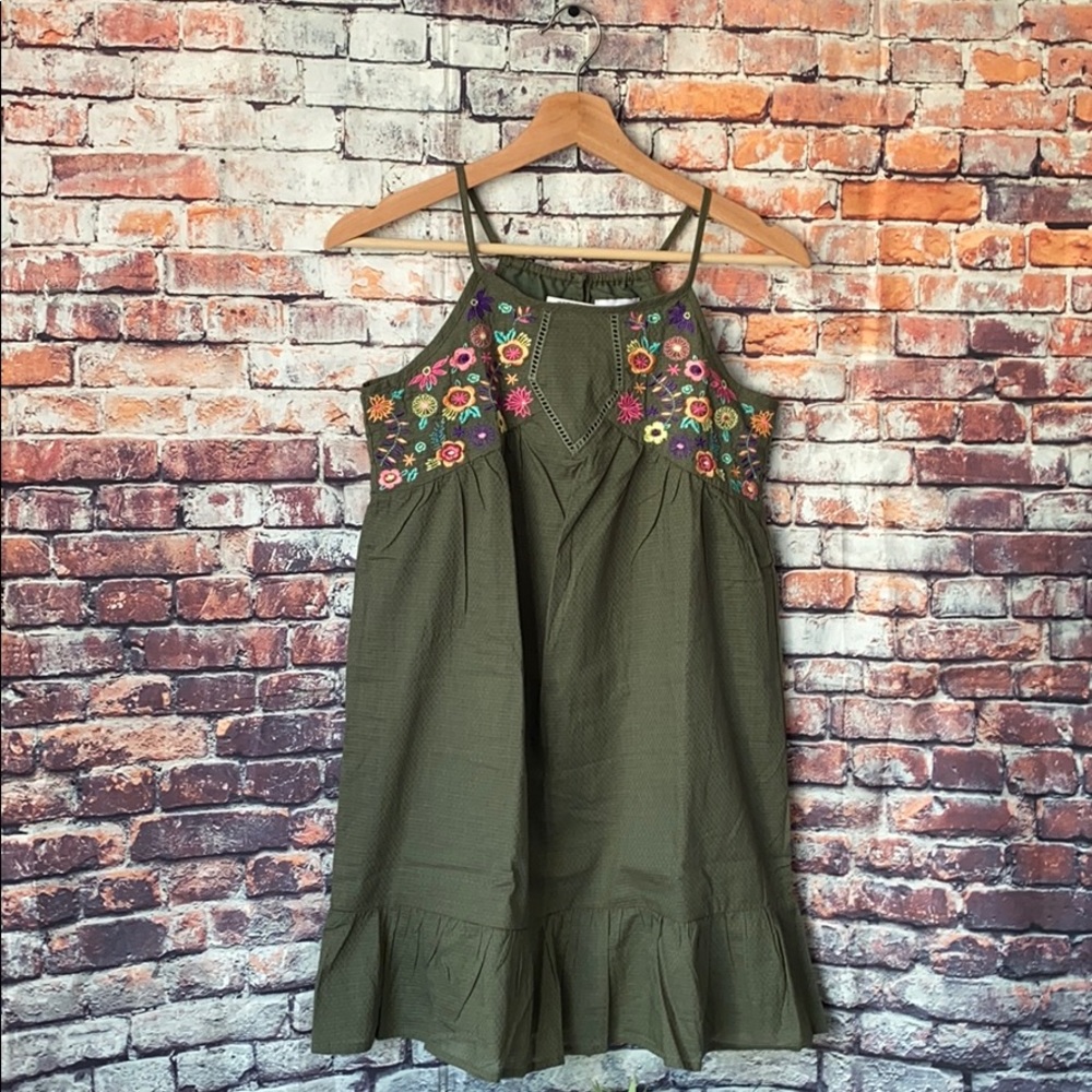 The Children's Place Olive Green Embroidered Floral Sundress